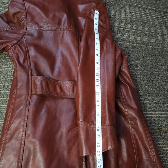 Vintage 70s Mens Sears Long Leather Red Coat Winter Lining (L-40) - Picture 12 of 12